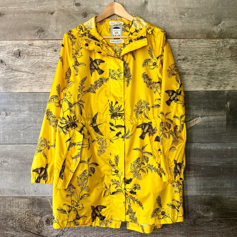 Joules Right as Rain Floral Bird Print Jacket 8 Yellow Packable British Country